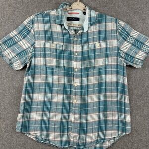Tommy‎ Bahama Linen Teal Plaid Short Sleeve Shirt Men's L